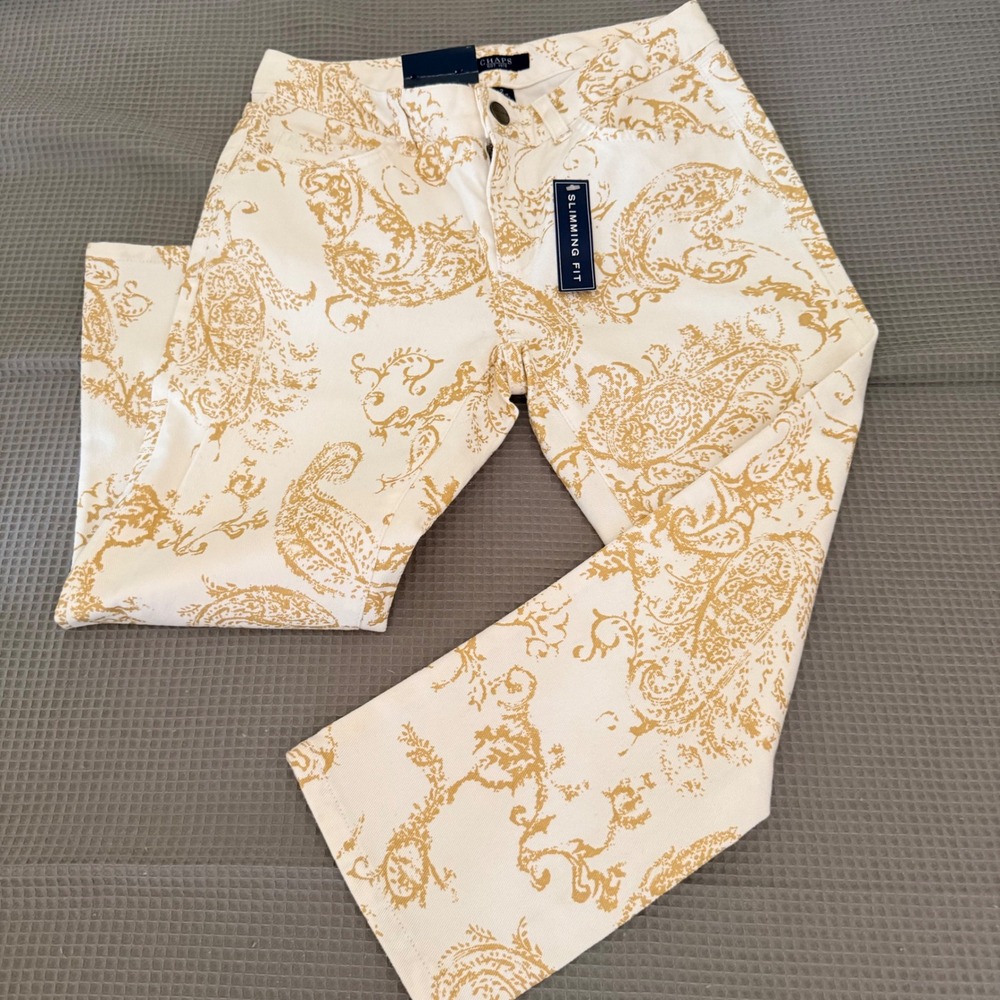 Chaps Slimming Capri Pants 2 White Tan Paisley Print Cotton Stretch Mid Rise New